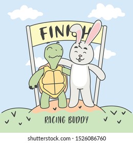 Buddy Racing. Turtle and Rabbit in finish line. Vector illustration.