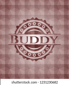 Buddy red badge with geometric pattern background. Seamless.