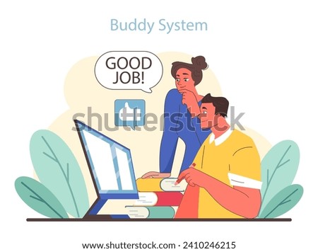 Buddy System concept. Mentor providing positive reinforcement at the workstation. Collaboration in a supportive environment. Flat vector illustration.