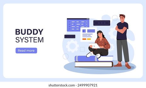 Buddy system poster. Man and woman working on servers. Mentoring and coaching. Organization of effective work process and support. Landing webpage design. Flat vector illustration