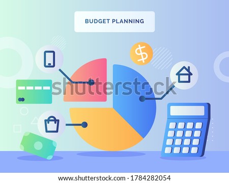 Budged planning concept pie chart piece house shopping smartphone nearby calculator money bankcard with flat style.