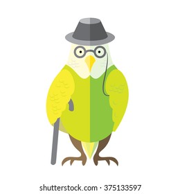Budgerigar bright green. Wavy parrot in a hat and glasses on white background. Cartoon flat vector illustration. 