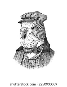 Budgerigar character or common parrot, shell parakeet. Fashionable Aristocrat or Rich Man. Hand drawn bird. Engraved old monochrome sketch.