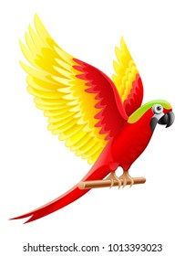 Budgerigar parrot Ara, macaw waving with wings with colored feathers, sitting on wooden perch, isolated on white background. Eps10 vector illustration.