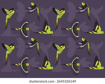 Budgerigar Parrot Green Bird Flying Poses Cartoon Character Seamless Wallpaper Background