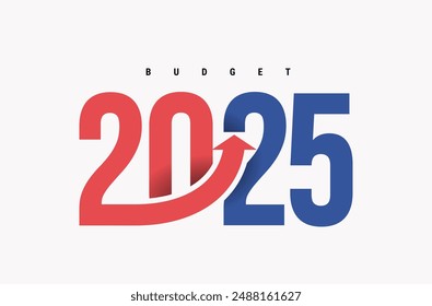 Texto del presupuesto 2025 con color rojo y azul. Plantillas de diseño de Anuncio. Precio levantarse. Diseño del logotipo de Presupuestos 2025. Los indicadores están subiendo. Vector. Diseño para empresas, agencias gubernamentales y el estado.