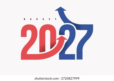 Budget 2027 text logo in red and blue. Budgeting 2027 banner design template with rising indicators, price increase concept. Vector for business, government agencies, state finance, economy, planning.