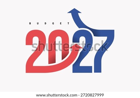 Budget 2027 text logo in red and blue. Budgeting 2027 banner design template with rising indicators, price increase concept. Vector for business, government agencies, state finance, economy, planning.