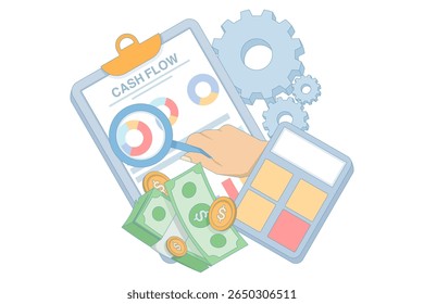 Budget or account analysis concept, businessman analyzing cash flow calculation chart and diagram. income vs expense, cost or investment, profit and loss, balance, cash flow management.