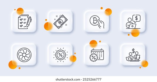 Budget Buchhaltung, Business-Person und Kalender Rabatt Linie Icons Pack. 3D-Glasknöpfe mit unscharfen Kreisen. Rabatt, Checkliste für Umfragen, Websymbol der Lüftermaschine. Vektorgrafik