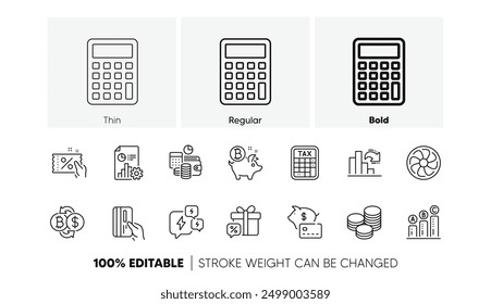 Budget accounting, Decreasing graph and Calculator line icons. Pack of Report, Discount coupon, Sale gift icon. Stress, Bitcoin exchange, Bitcoin coin pictogram. Graph chart. Line icons. Vector