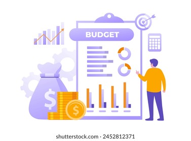 Concepto contable o financiero del presupuesto, Plan de negocios y presupuesto, analista, contador, económico, ilustración plana Anuncio de Vector y antecedentes