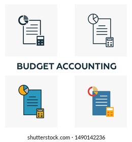 Budget Accounting icon set. Four elements in diferent styles from business management icons collection. Creative budget accounting icons filled, outline, colored and flat symbols.