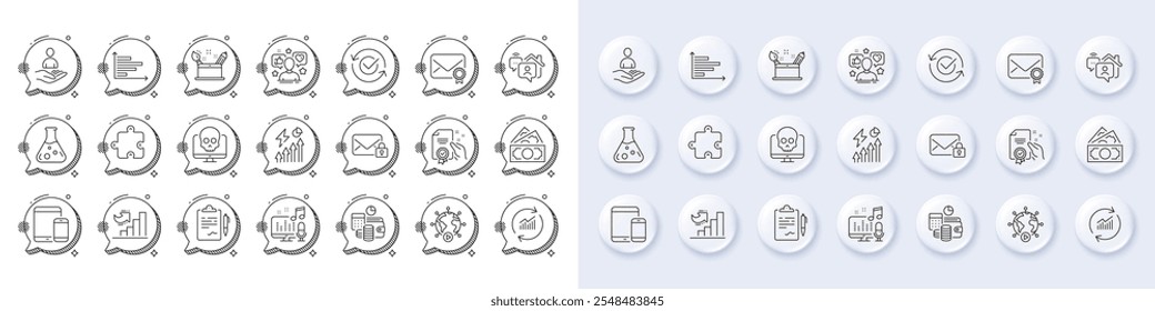 Budget accounting, Money and Growth chart line icons. White pin 3d buttons, chat bubbles icons. Pack of Chemistry lab, Electricity consumption, Creativity concept icon. Vector