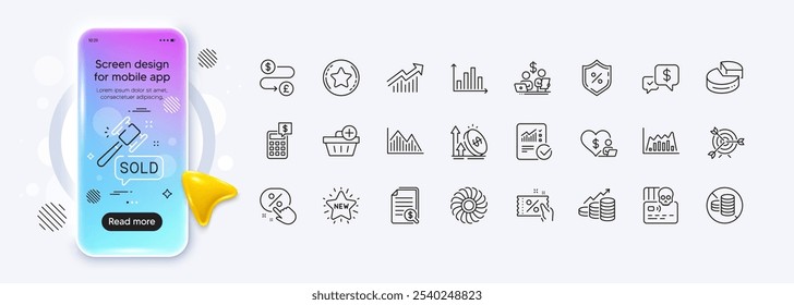 Contabilidade de orçamento, Transferência de dinheiro e ícones de linha de imposto embutido para aplicativo Web. Tela de gradiente de maquete de telefone. Pacote de Diagrama gráfico, Cupom de desconto, documentos financeiros pictogramas ícones. Vetor