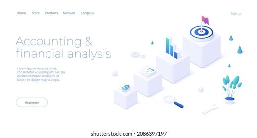 Budget accounting or statistics concept. Business analysis isometric vector illustration. Data analytics for company marketing solutions or financial performance.