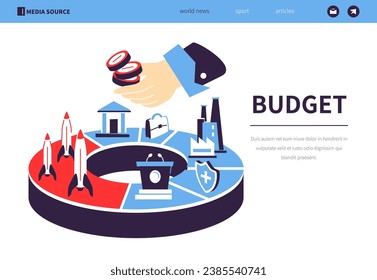 Budget allocation - colorful flat design style banner with linear elements. Composition with pie chart with financial, military, political, medical and manufacturing industry. Finance idea