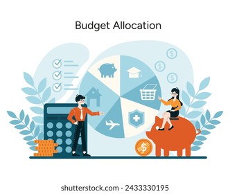 Budget Allocation concept. Efficient financial resource distribution, ensuring optimal fiscal health. Strategic funding across various sectors demonstrated. Flat vector illustration