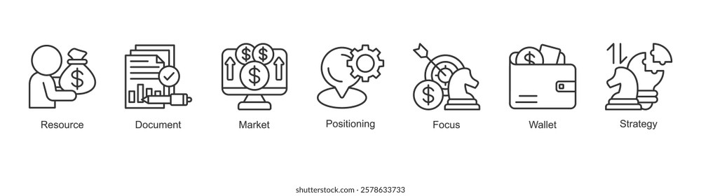 Budget Allocation Icon Positioning, Resource, Document, Market, Focus, Wallet, Strategy