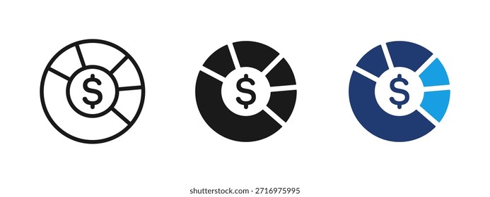 Budgetzuweisungssymbol, das ein Kreisdiagramm mit einem Dollarsymbol anzeigt. Finanzverteilung, Kostenanalyse und Geldmanagement-Konzept für Geschäftsberichte, Buchhaltung, Planung und Investitionspräsentationen.