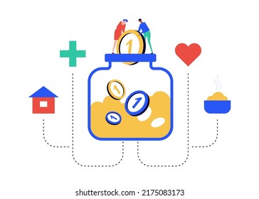 Budget allocation - modern colorful flat design style illustration on white background. Jar with accumulated money and a couple adding coins to it. Proper financial management and planning idea