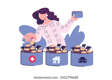 budget alocation, woman save money into different bucket flat style illustration vector
