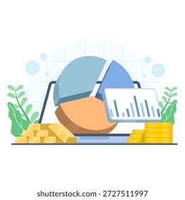 Ilustração de conceito de análise de orçamento com computador tablet, barra de ouro e moeda de ouro. Planejamento financeiro, análise de investimento e análise de marketing digital em um contexto isolado.