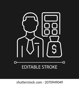 Budget analyst white linear icon for dark theme. Finance resources organization specialist. Thin line customizable illustration. Isolated vector contour symbol for night mode. Editable stroke