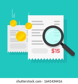 Budget billing calculation or money payment audit check vector flat cartoon illustration, paper receipts with money and magnifying glass researching fraud pay modern design  