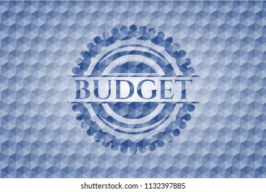 Budget blue emblem with geometric background.