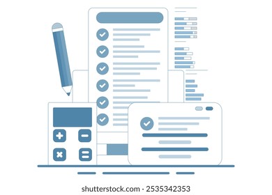 Concepto de contabilidad presupuestaria. Documento. Débito y crédito contable, facturación y cálculo del impuesto sobre la renta. Concepto de gestión financiera. Ilustración vectorial plana sobre fondo.