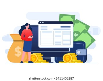 Budget bookkeeping concept flat illustration template, Bank statement, Calculating invoices, Financial record, Finance management, Electronic receipt, e-invoice document on computer screen