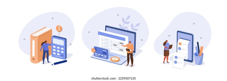 Budget bookkeeping illustration set. Characters accounting debit and credit, calculating invoices and other financial records. Finance management concept. Vector illustration.