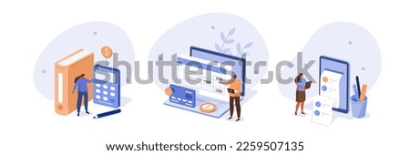 Budget bookkeeping illustration set. Characters accounting debit and credit, calculating invoices and other financial records. Finance management concept. Vector illustration.