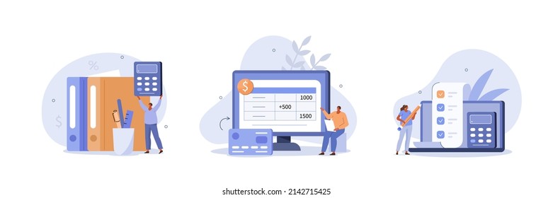 Budget bookkeeping illustration set. People  doing paperwork. Characters accounting debit and credit, calculating bills and income taxes. Financial management concept. Vector illustration.