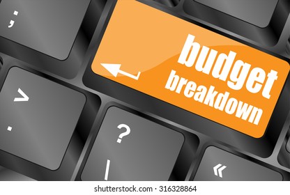 budget breakdown words on computer pc keyboard, vector illustration