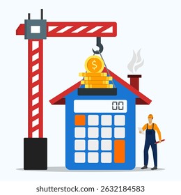 Orçamento para a construção ou renovação de um conceito de casa. Arquiteto segurando lápis e papel com calculadora e guindaste domésticos trazendo moeda de dinheiro. Investimento imobiliário e cálculo de custos.