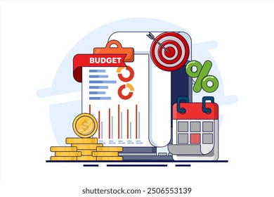 Budget calculation concept, budget business strategy, finance and accounting, economics and investment, budget calculation, profit and loss, report graph creation from data, flat vector illustration.