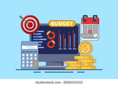 Budget calculation concept, budget business strategy, finance and accounting, economics and investment, budget calculation, profit and loss, report graph creation from data, flat vector illustration.