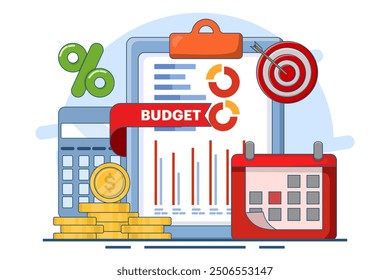 Budget calculation concept, budget business strategy, finance and accounting, economics and investment, budget calculation, profit and loss, report graph creation from data, flat vector illustration.