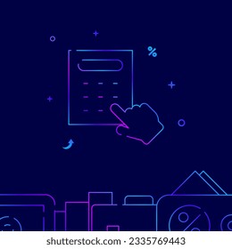 Budget calculator finger gradient line vector icon, simple illustration on a dark blue background, banking and money related bottom border.