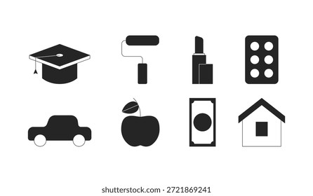 Categorias de orçamento conjunto de objetos preenchidos com preto 2D. Educação, transporte, moradia, compras, remédios. Despesas comuns isoladas clipart vetor ink items collection. Ilustrações pontuais monocromáticas