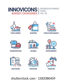Budget categories - line design style icons set. Finance mobile app idea. Food, drink, shopping, cafes and restaurants, transportation, housing, entertainment, healthcare, education, traveling images