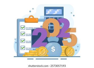 budget concept for 2025. Business or family financial planning. Explore the booth near the date 2025, calculator, coins, globe. Modern flat style, flat vector illustration on the background.
