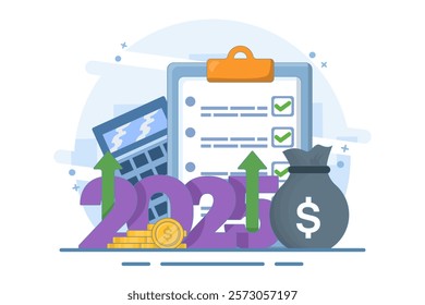 budget concept for 2025. Business or family financial planning. Explore the booth near the date 2025, calculator, coins, globe. Modern flat style, flat vector illustration on the background.