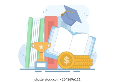 Budget concept Education and student funds. Savings for school or university fees, study or training costs. Education financing to cover school costs. Flat design illustration.