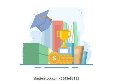 Budget concept Education and student funds. Savings for school or university fees, study or training costs. Education financing to cover school costs. Flat design illustration.