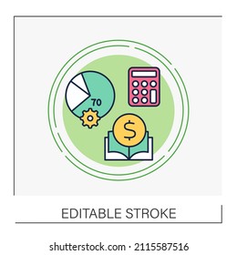  Budget concept line icon. Budget plan and calculator. Accumulations and money spending. Calculating expenses. Financial literacy.Vector isolated conception metaphor illustration