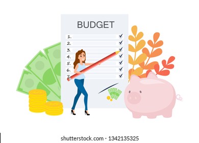 Budget Concept. Making Financial Plan For Earning Analysis. Investment And Banking. Personal Finance Budgeting. Isolated Flat Vector Illustration