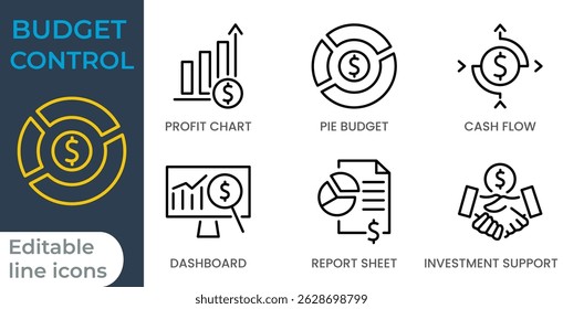 Conjunto de iconos de líneas editables de control presupuestario. Iconos como gráfico de ganancias, presupuesto circular, flujo de efectivo, tablero, hoja de informe y Asistencia de inversión. Ideal para el panel de control de negocios, presentaciones financieras